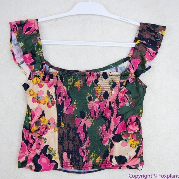 NEW Free People Floral print crop top, L, smock back cinch sides ruffle … - Picture 5 of 16